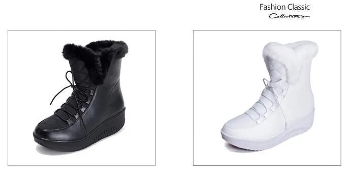 Black women's winter boots with lace-up closure, water-resistant PU leather upper, and plush lining.
