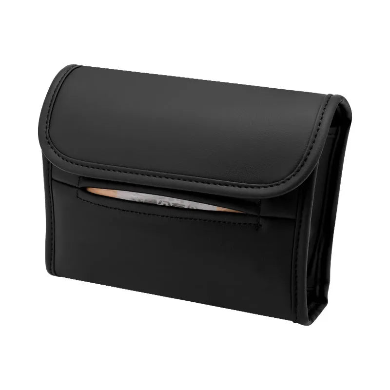Leather car tissue box with elastic band for sun visor, armrest, or chair back mounting