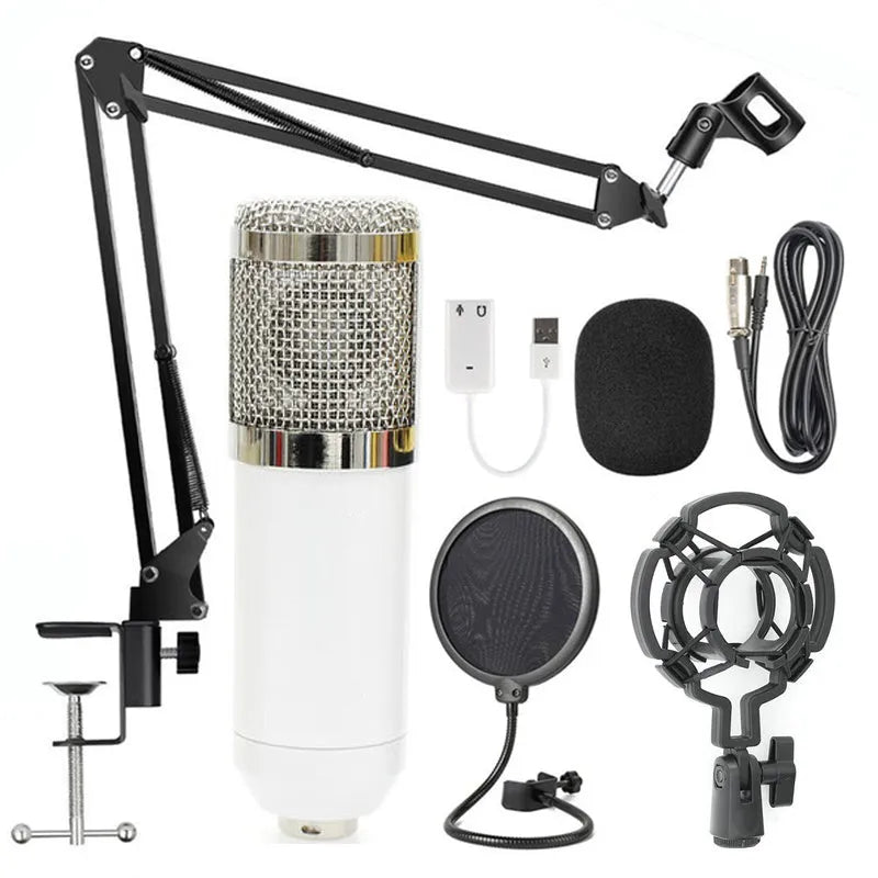 BM-800 condenser microphone on a desktop stand, shown in various colour options including black, silver, and white.