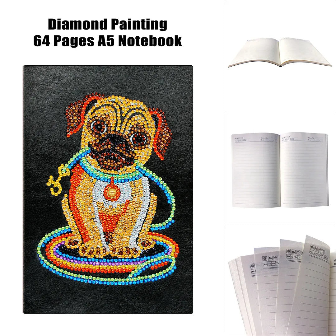 Black A5 diamond painting notebook showing dimensions of 142x207mm with 50 blank pages
