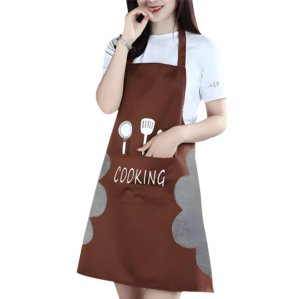 Korean style sleeveless kitchen apron in waterproof fabric with coral velvet accents