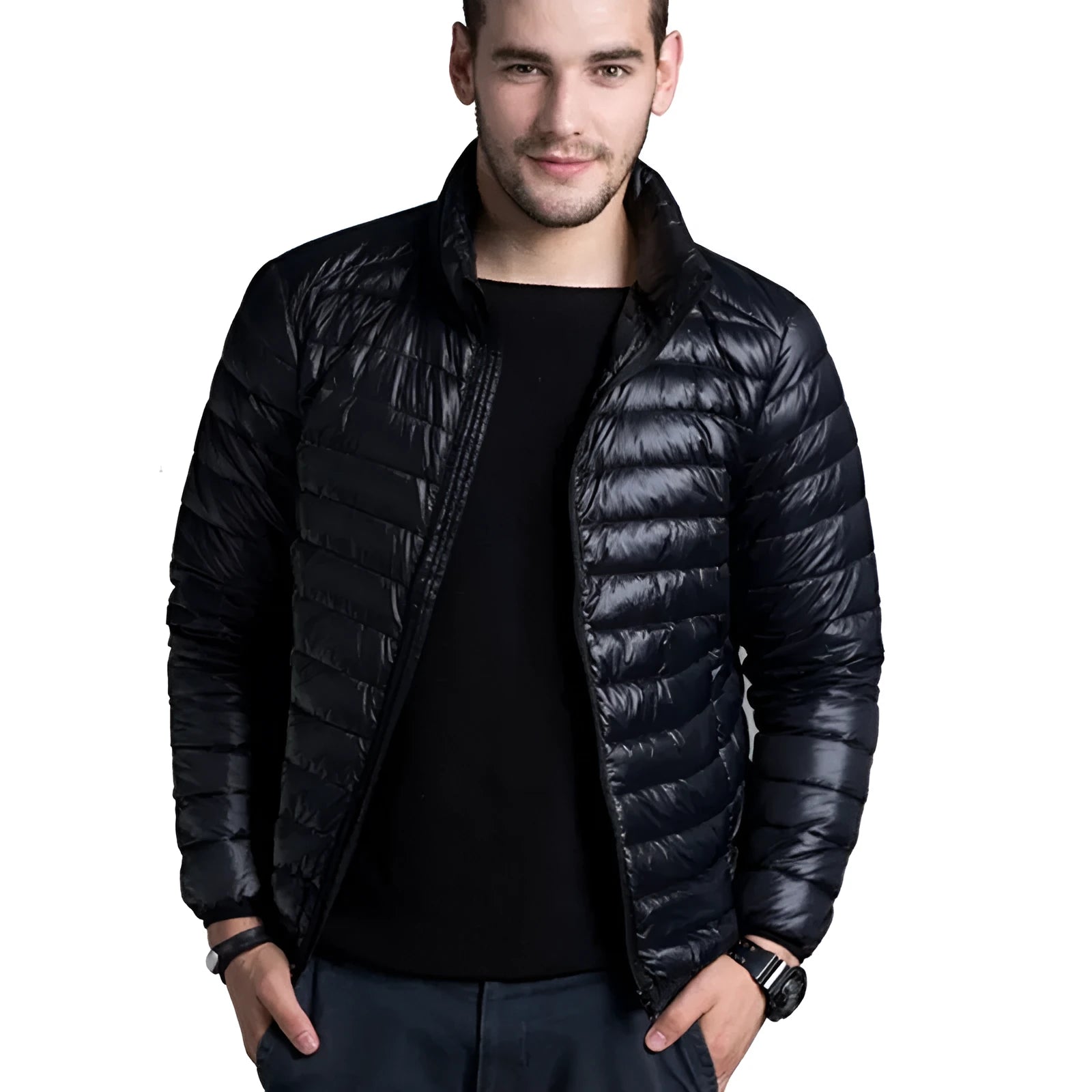 Men's duck down winter parka jacket with hooded lapel, single-breasted, in black