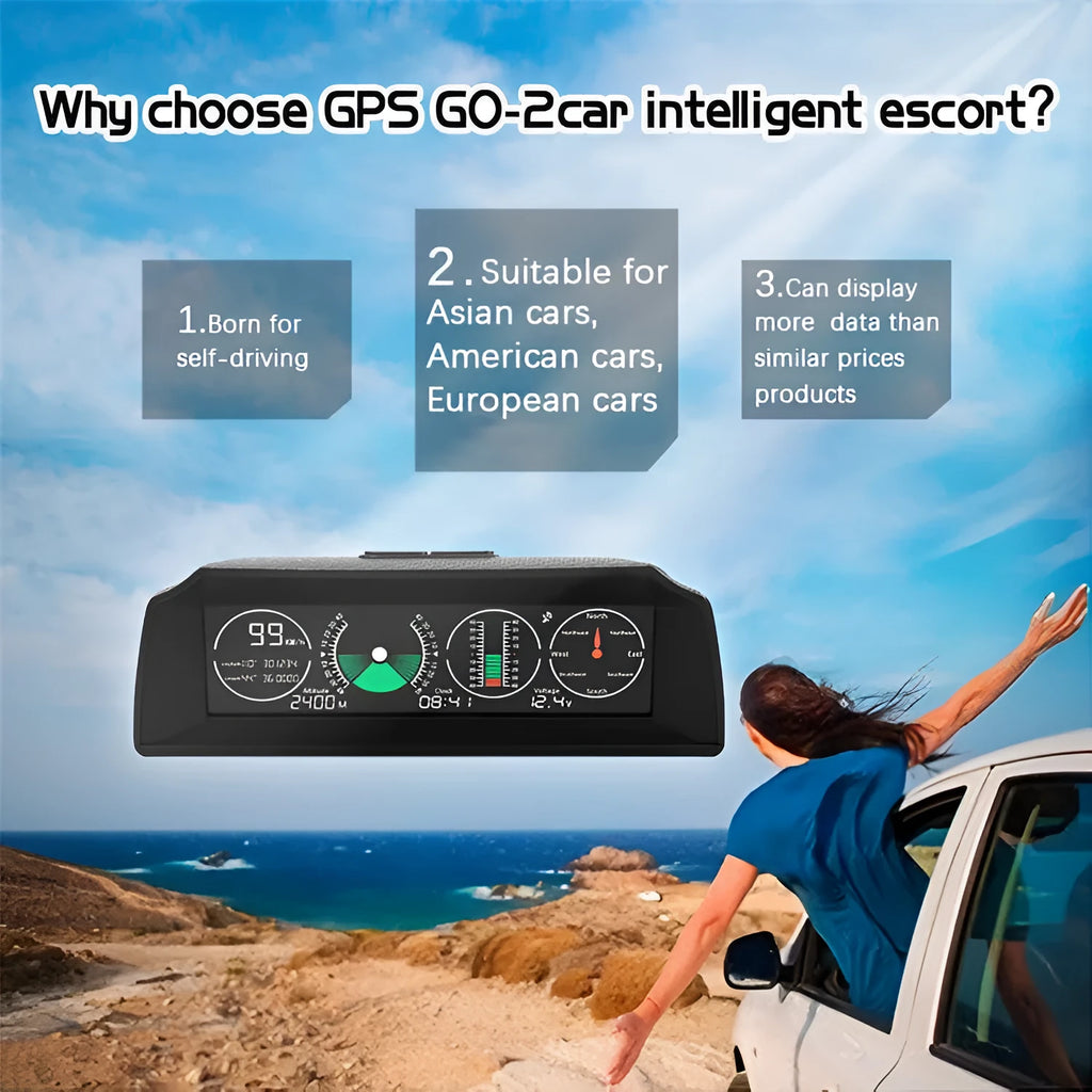 GPS GO 2 black car heads-up display showing speed, gradient angles, and compass on a colour LCD screen.