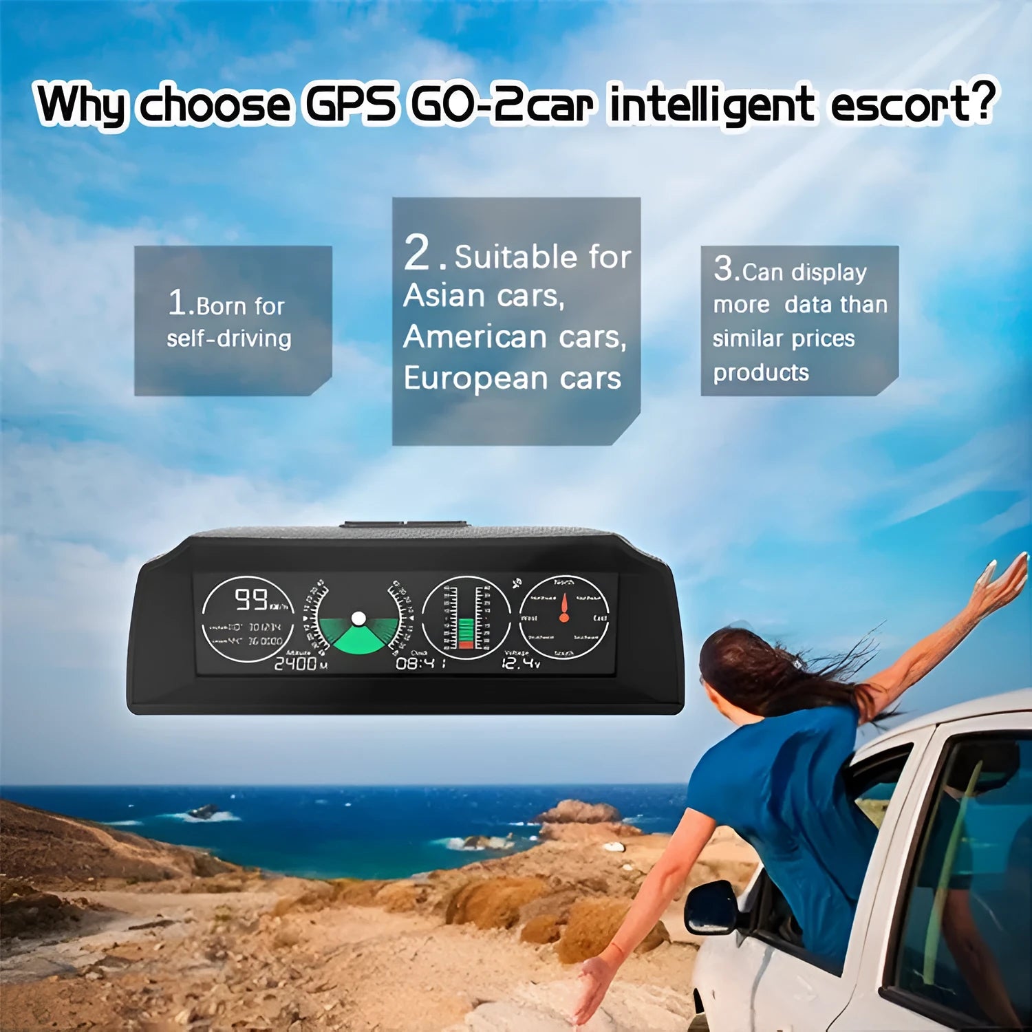 GPS GO 2 black car heads-up display showing speed, gradient angles, and compass on a colour LCD screen.
