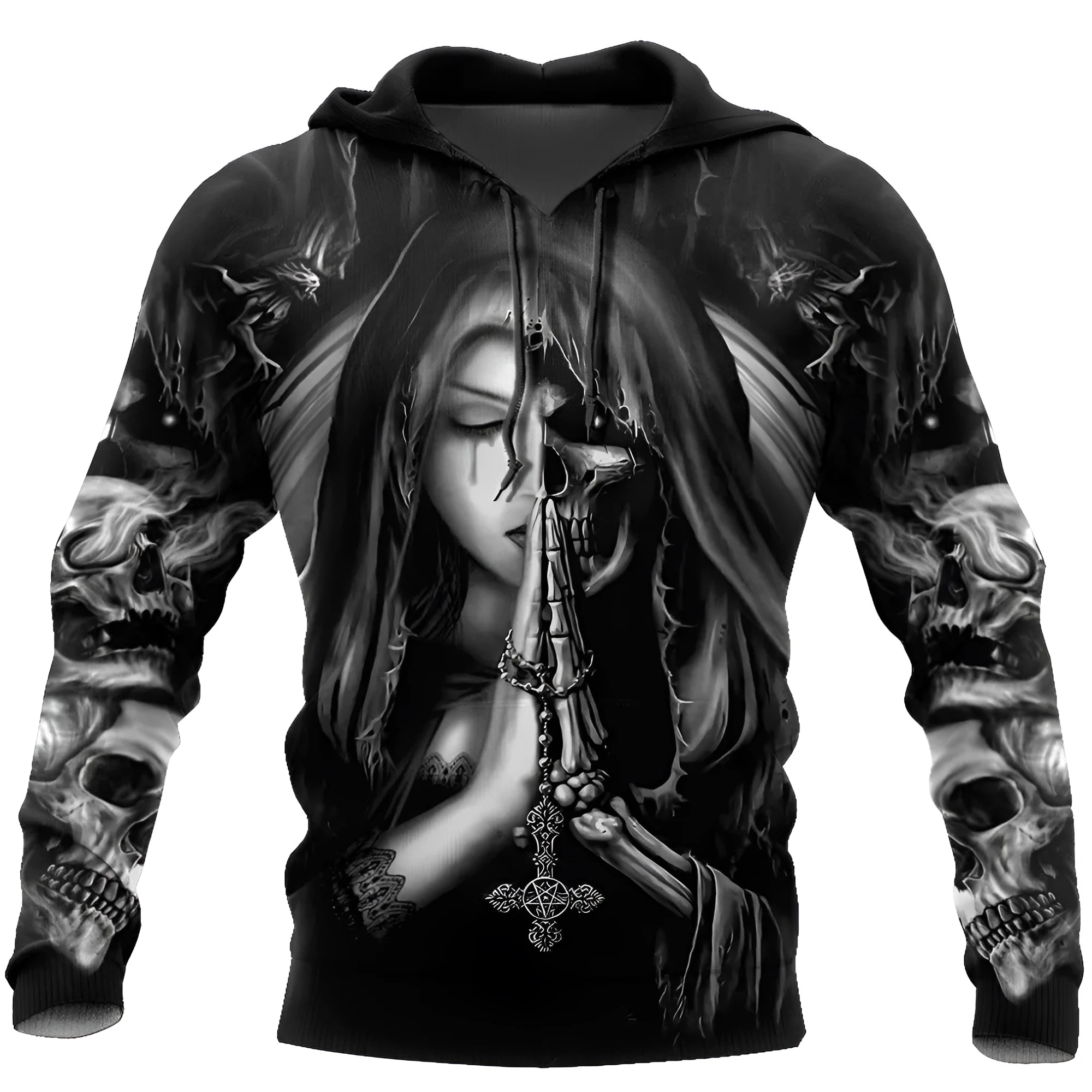 Halloween anime graphic hooded sweatshirt with a raised 3D skull design on the front.