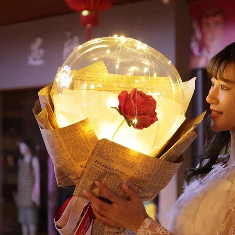 Transparent LED luminous balloon rose bouquet with artificial flowers and integrated lights for party decorations