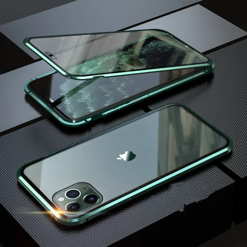 Glass anti-spy clamshell phone case for iPhone in solid colours showing geometric design