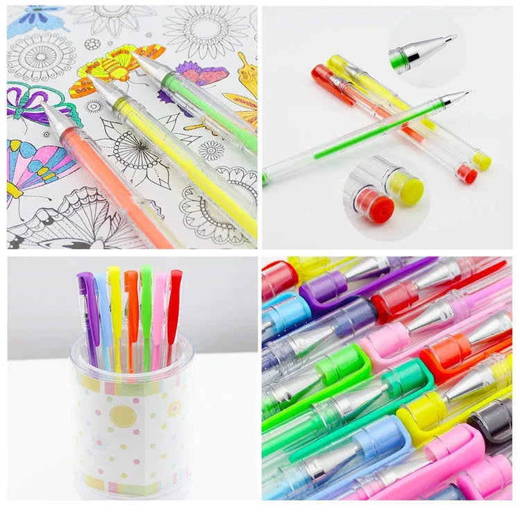 100-colour gel pen set showing assorted colours with watercolour and highlighter tip options