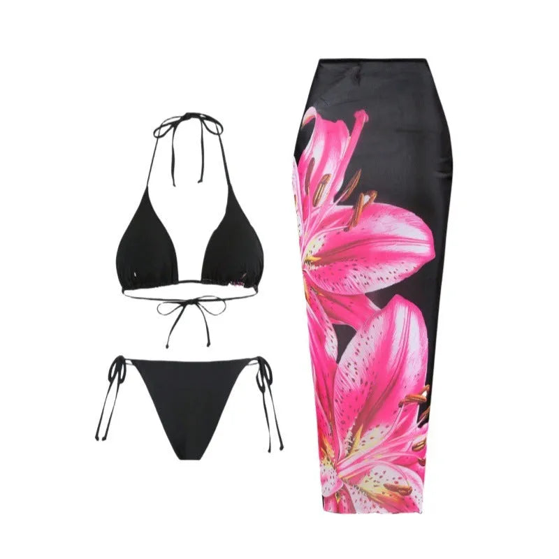 Women's three-piece bikini set with slim wrap skirt in black red flower print, sizes S to L