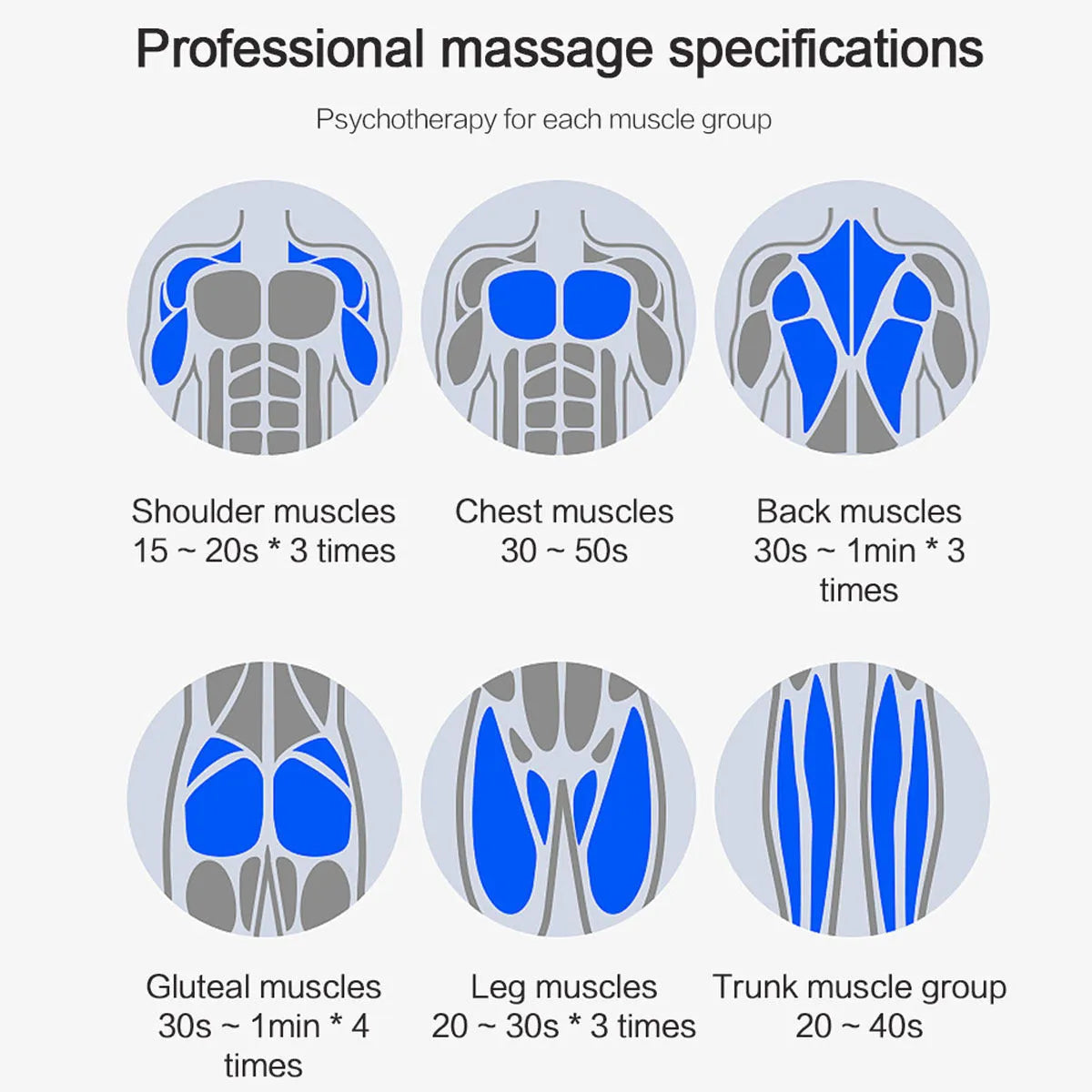 Electric percussion massage gun with ergonomic handle, touch screen, and 4 or 6 massage heads, available in grey, blue, or purple.