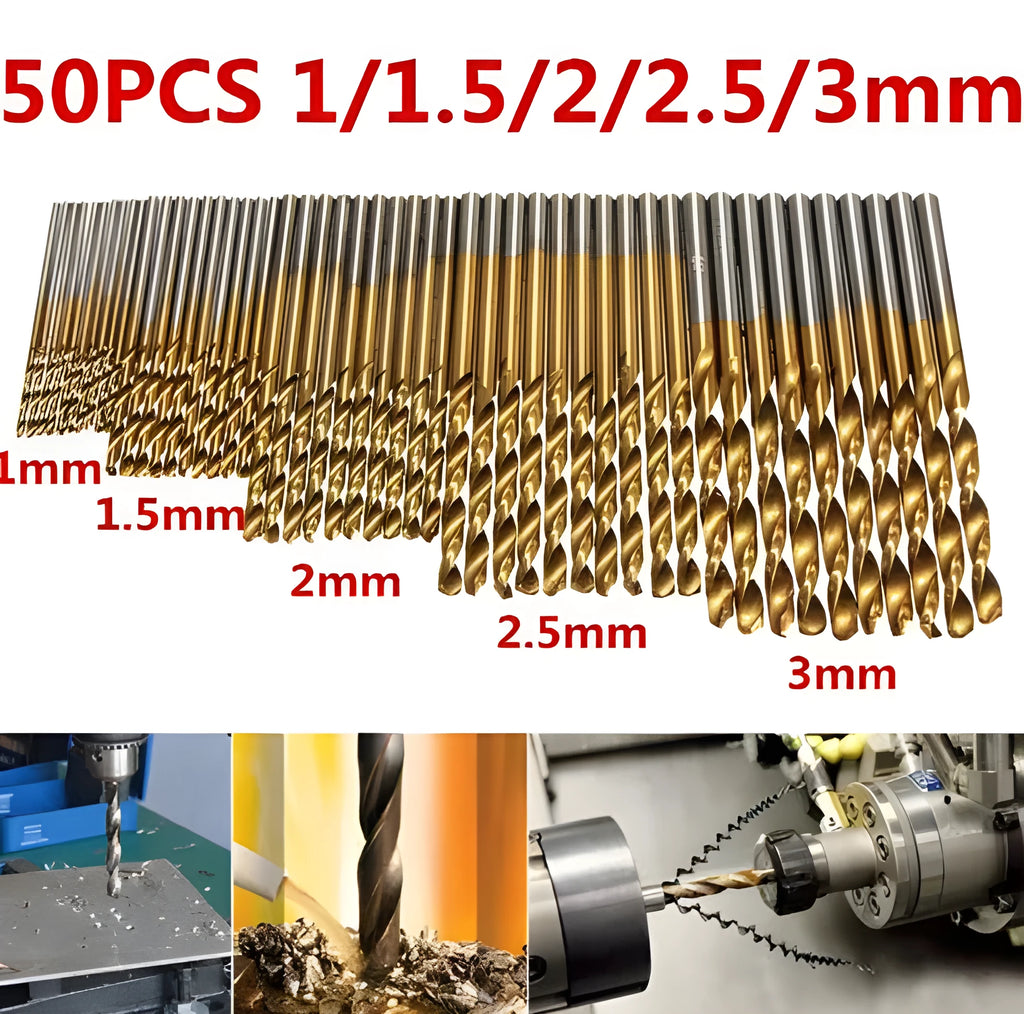50-piece titanium-coated high speed steel twist drill bit set with sizes from 1.0mm to 6.5mm for metal, wood, and plastic drilling
