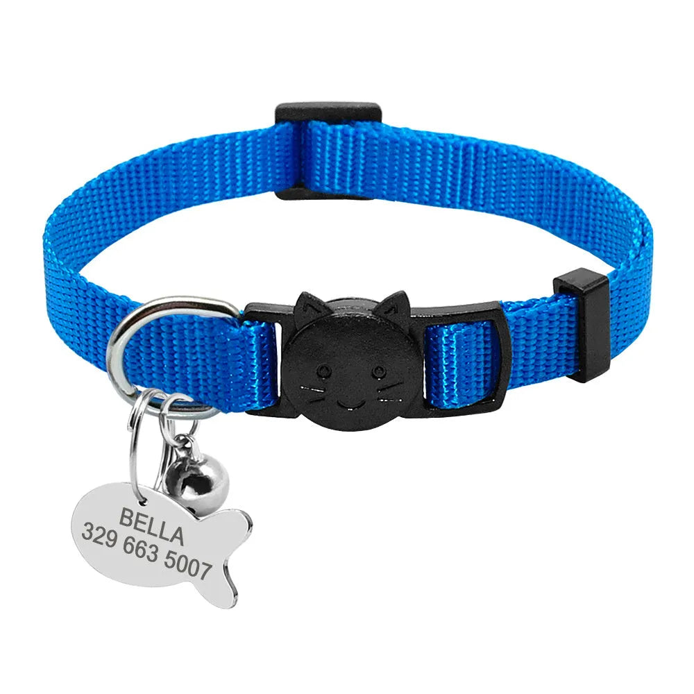 Personalised safety breakaway nylon cat collar with ID tag and bell in black blue and pink