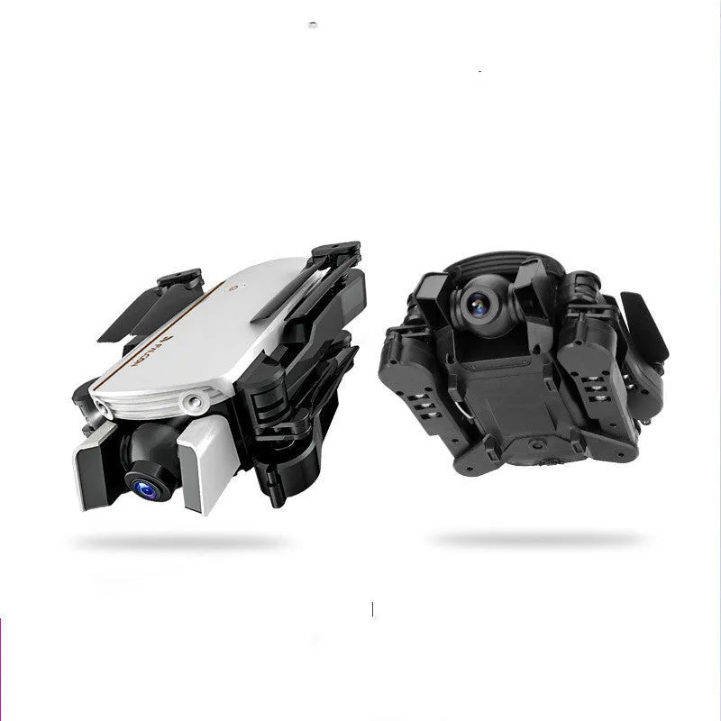 Black 4K HD quadcopter drone with plastic body, 30cm size, shown from side angle