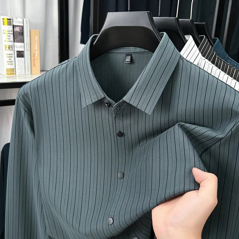 Men's vertical striped cardigan shirt in recycled fibre blend with long sleeves, available in multiple colours