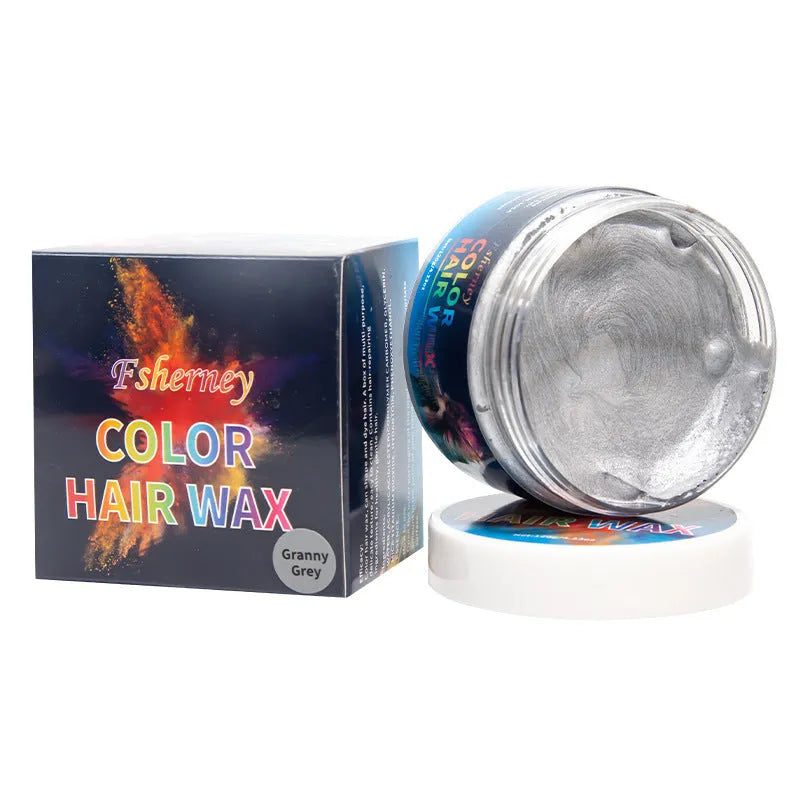Pot of 120g hair styling clay shown in one of nine available colours, including blue, green, red, and granny grey.
