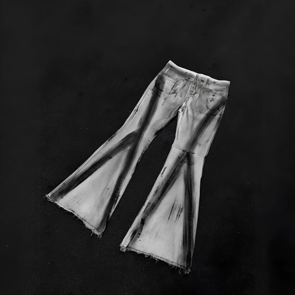 White heavy rough selvedge denim jeans with black ribbon gradient detailing, mid waist, zip fly.