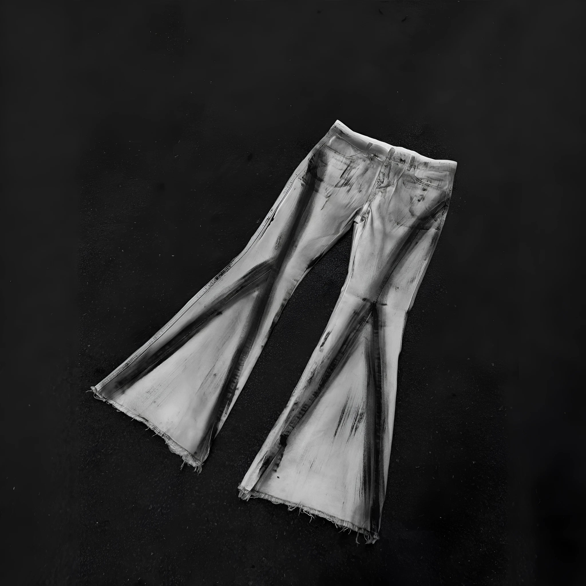 White heavy rough selvedge denim jeans with black ribbon gradient detailing, mid waist, zip fly.