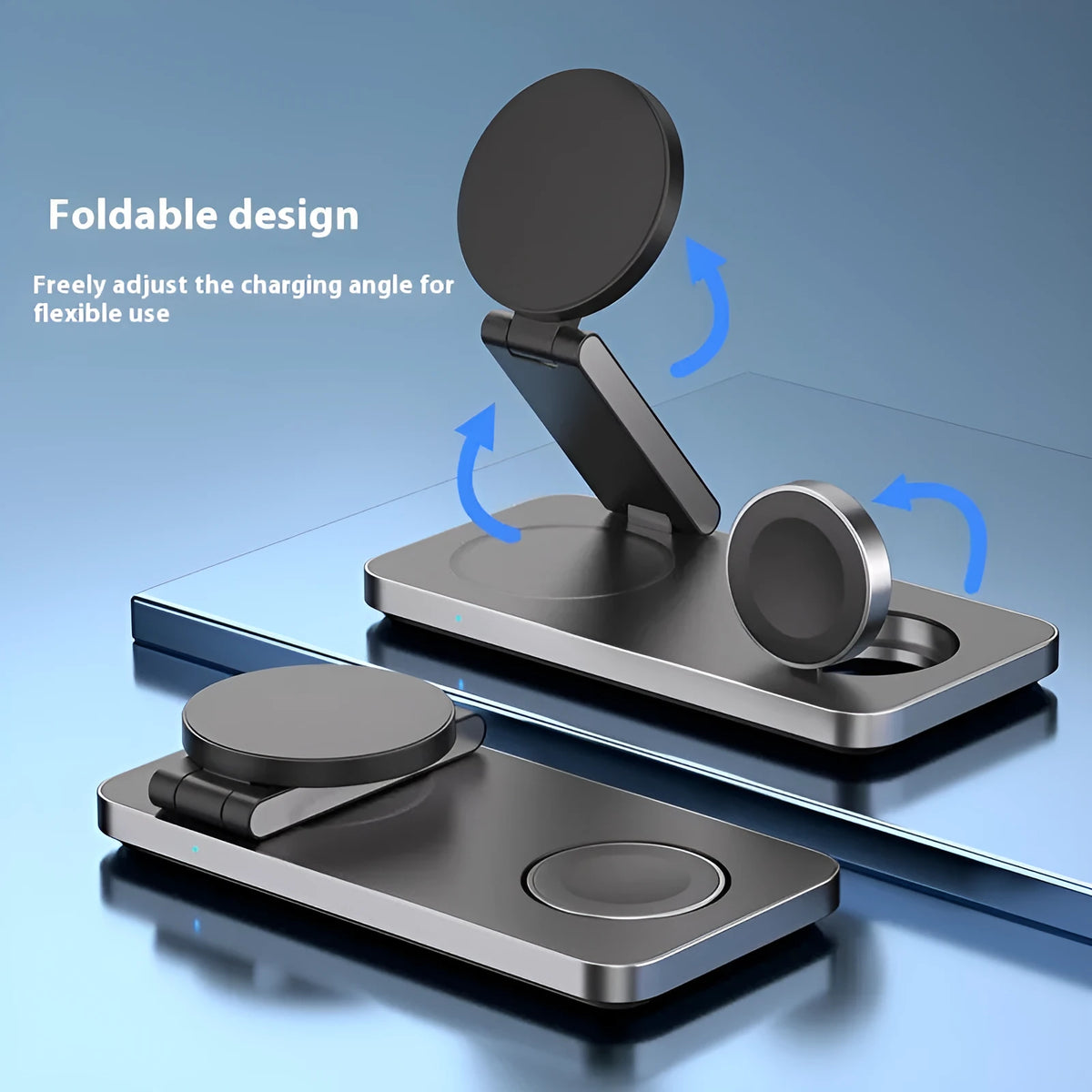 4-in-1 magnetic wireless charger in black or white metal or plastic, 150 x 75 x 29.6mm, with USB-C input and 15W phone output