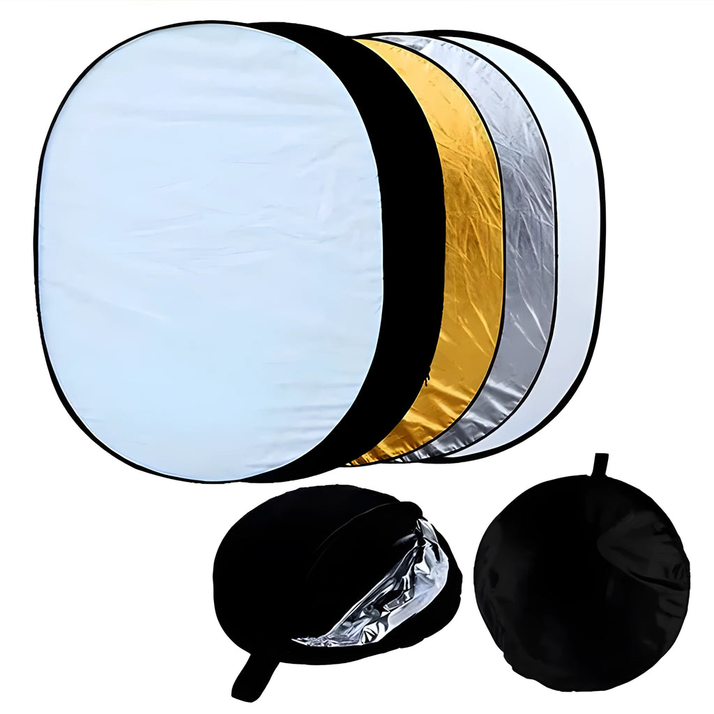 60x90cm collapsible photography reflector showing gold, silver, white, black, and translucent surfaces with carrying bag