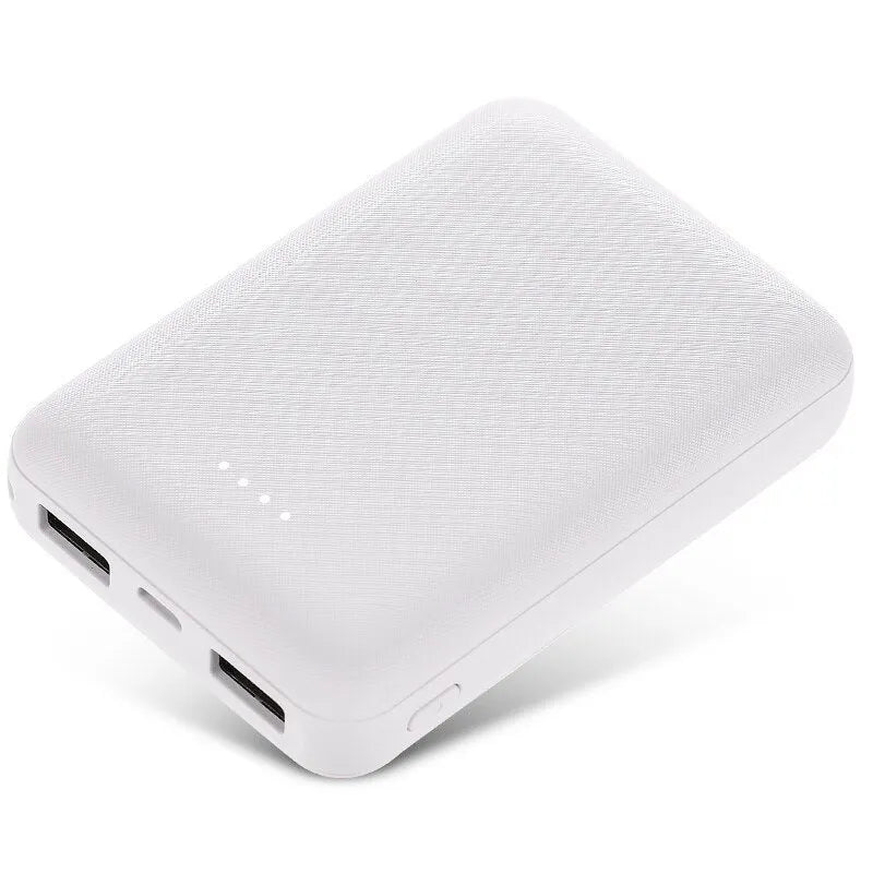Black ultra-thin 10,000mAh power bank showing multi-U port output and compact 90mm x 63mm dimensions