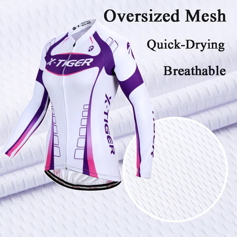 Women's long-sleeved cycling jersey suit in white and purple with full zip and gel pad, autumn riding gear