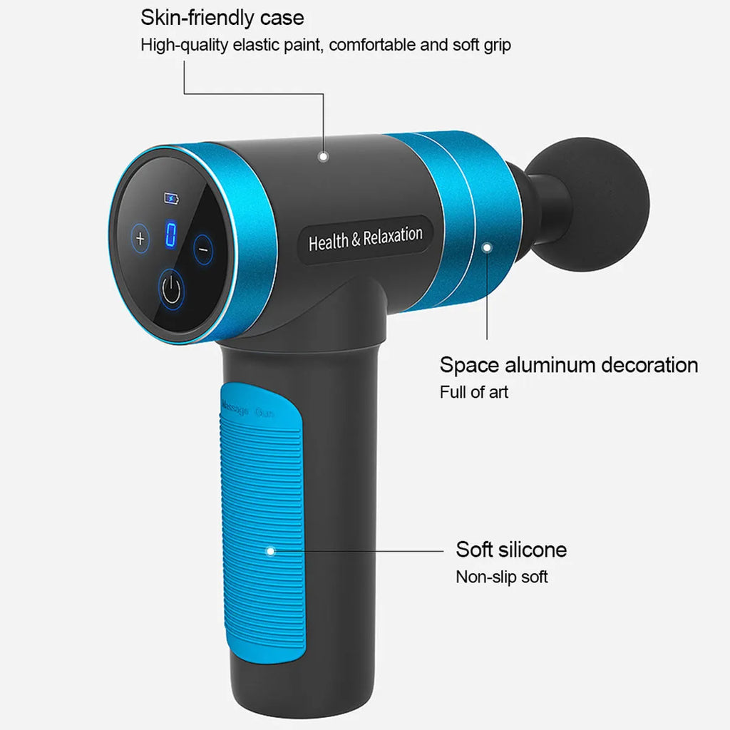 Electric percussion massage gun with ergonomic handle, touch screen, and 4 or 6 massage heads, available in grey, blue, or purple.
