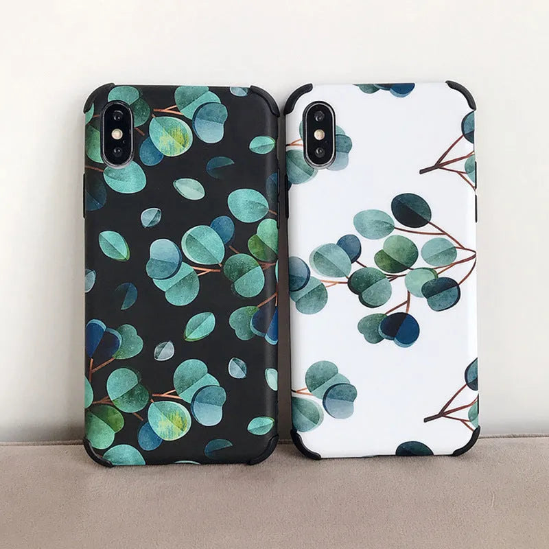 Black silicone iPhone case with leaf pattern design showing front and back views