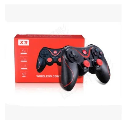 Upgraded X3 black and white Bluetooth wireless game controller for Android phones with cellphone clip attached.