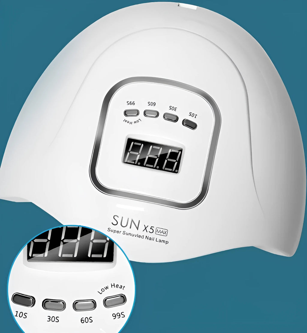 White nail polish drying lamp with dual UV LED light source and multiple timing buttons