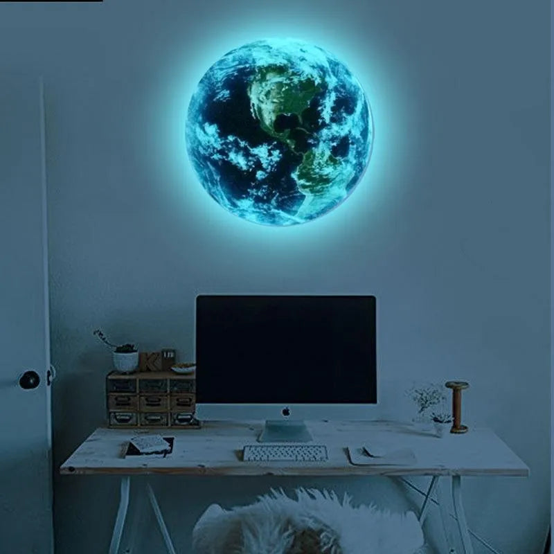 Glow in the dark 3D Earth planet wall sticker in various sizes on a dark background
