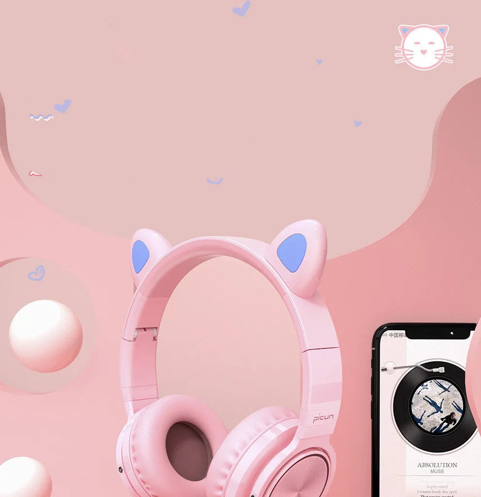 Pink and white luminous Bluetooth wireless headset with head-mounted design and 40mm speakers