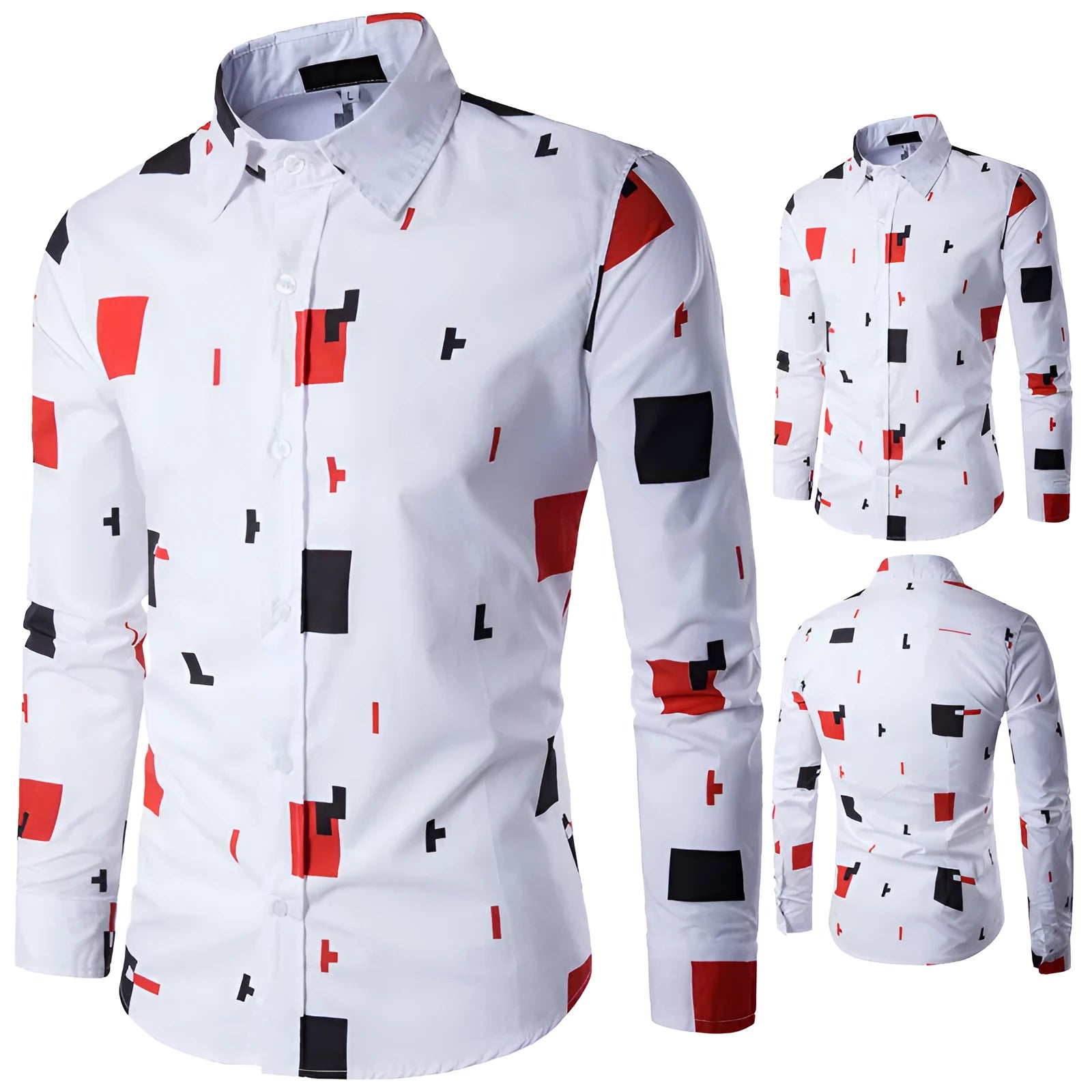 Men's casual long sleeve white cotton shirt front view, sizes M to 5XL