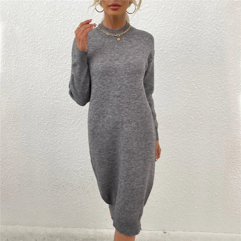 Grey crew neck pullover sweater dress for women with long sleeves