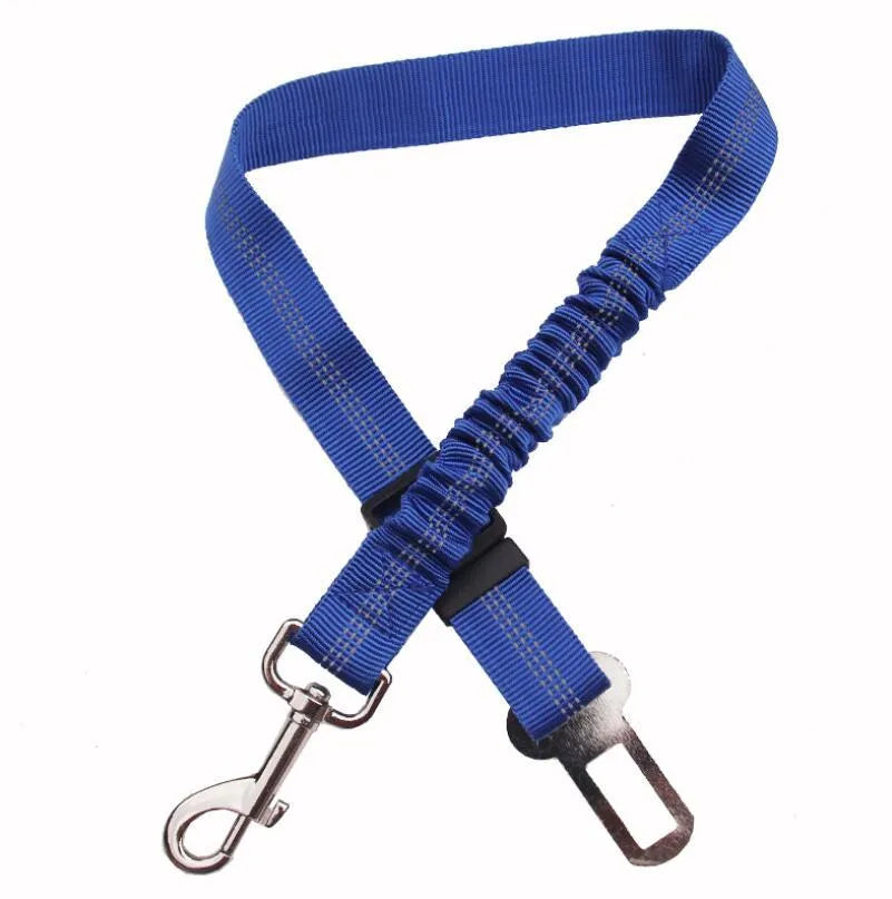 Black adjustable dog seat belt with reflective safety rope attached to car seat belt buckle, polyester webbing and alloy joint visible