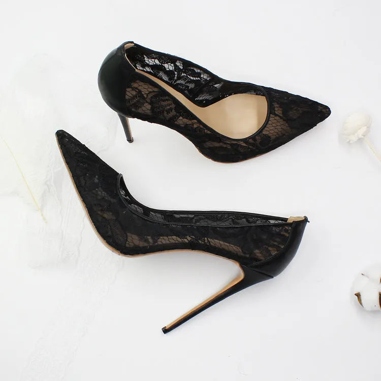 Women's lace hollow high heels pointed toe super high heel mesh cloth floral pattern black white