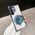 Electroplating four-corner drop-resistant rotating gyro magnetic bracket phone case for Samsung S23 in cool black