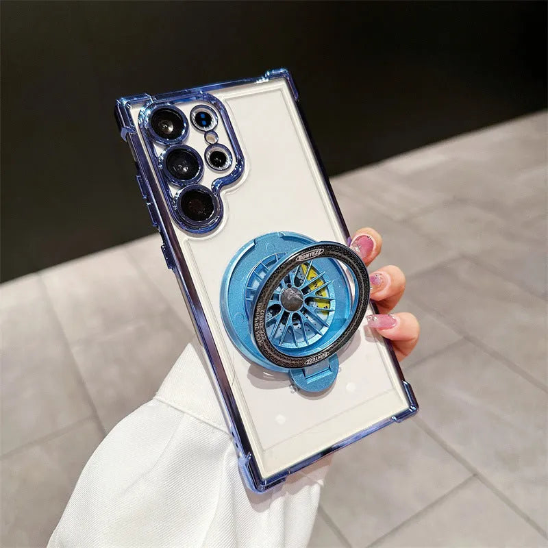Electroplating four-corner drop-resistant rotating gyro magnetic bracket phone case for Samsung S23 in cool black