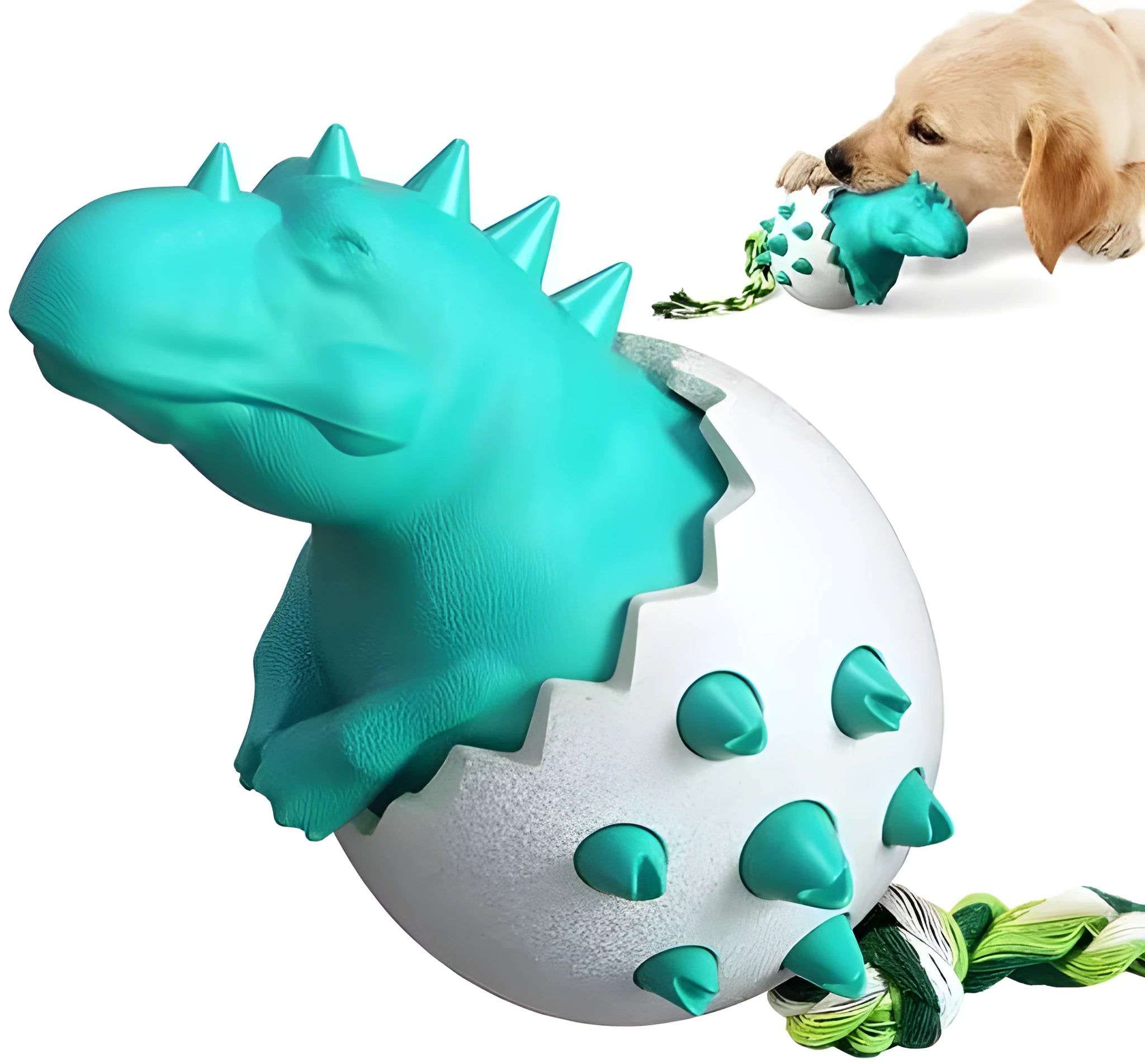 Blue dinosaur-shaped dog chew toy with textured surface and integrated rope.