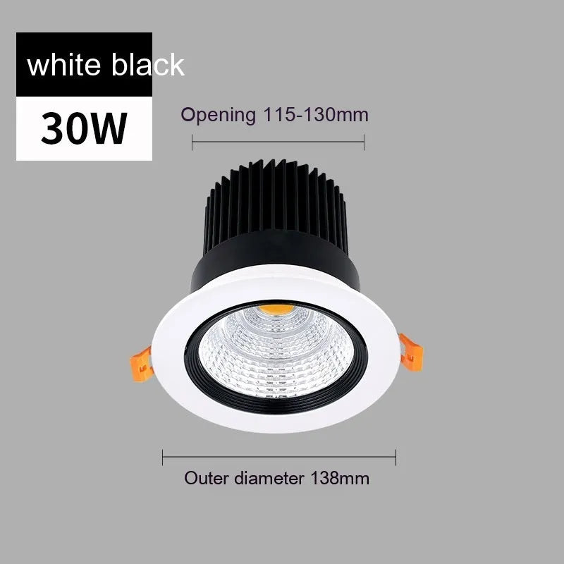 White aluminium embedded LED ceiling spotlight with anti-glare design showing three colour temperature options