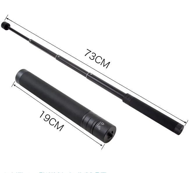 Black retractable selfie stick extended with smartphone attached in adjustable clamp