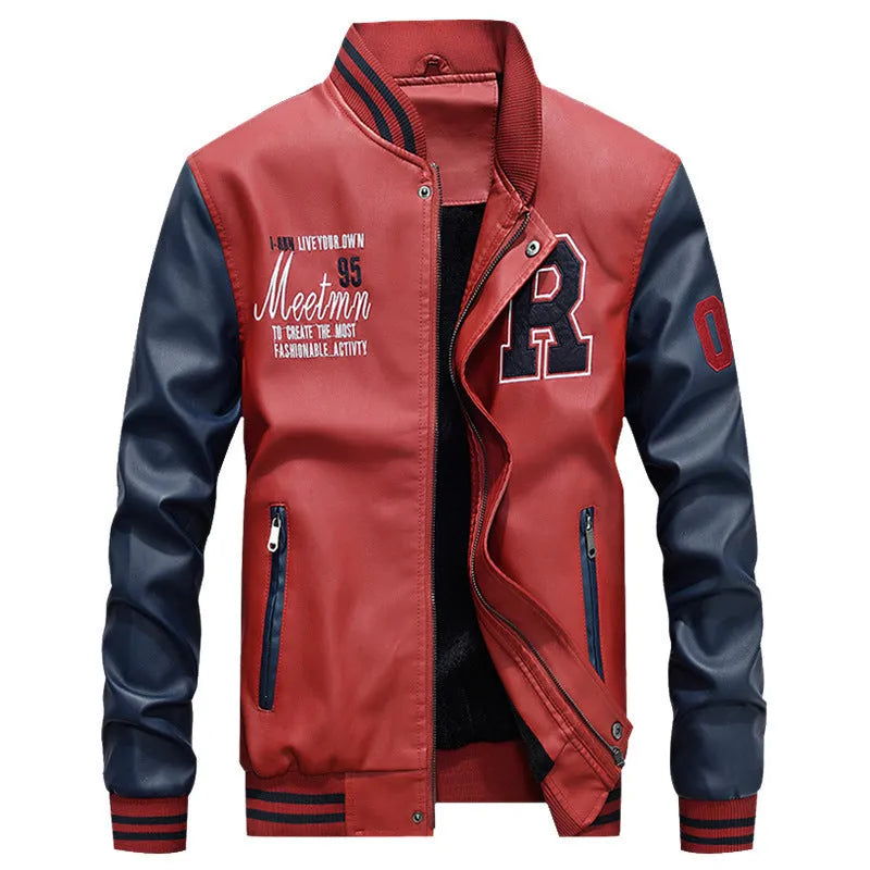 Leather effect casual jacket in red with full polyester lining, front view
