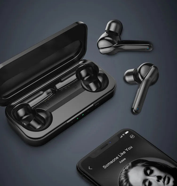 Black TWS wireless Bluetooth earbuds with IPX5 waterproof rating