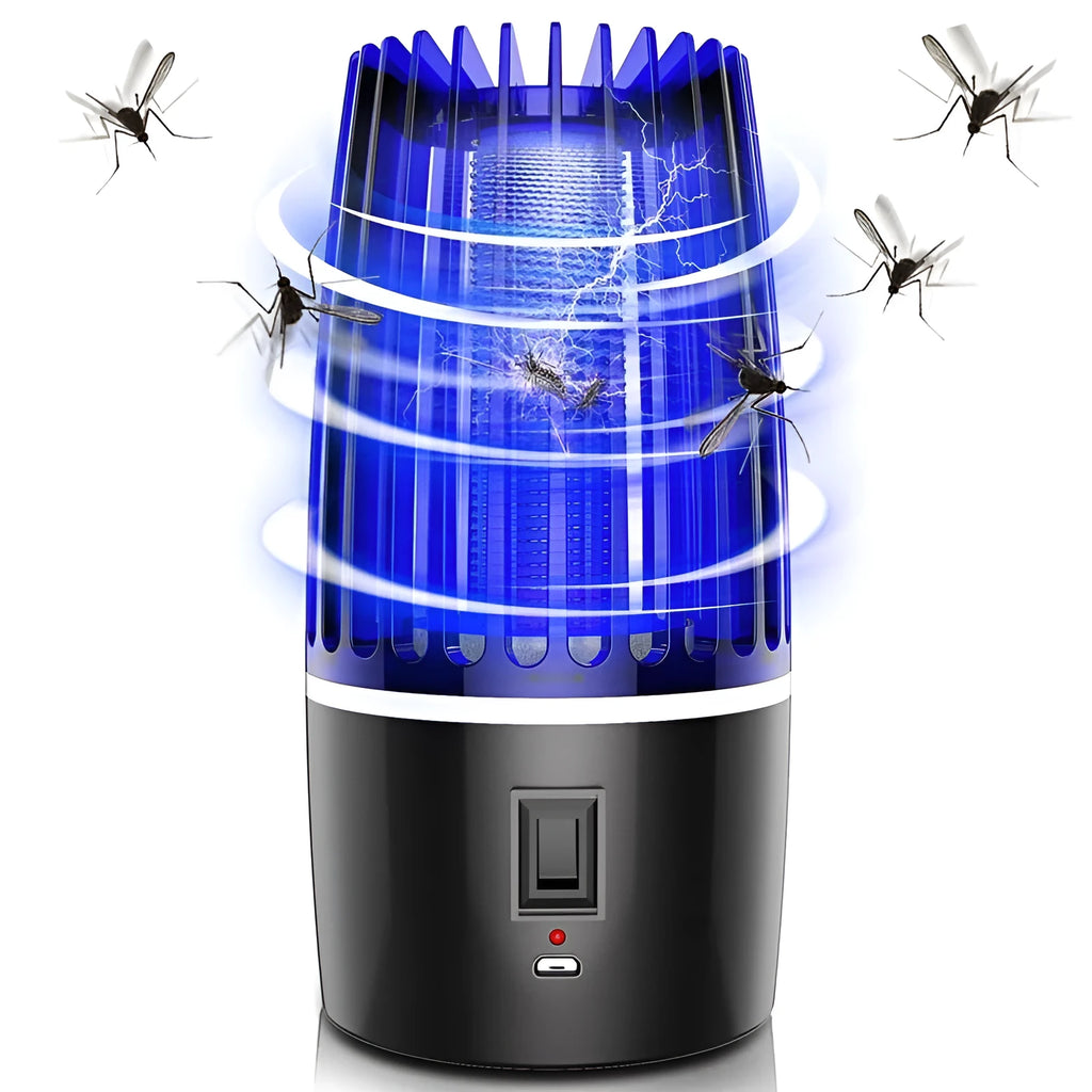 USB rechargeable mosquito killer lamp 2-in-1 with UV LED light and safety cage on white background