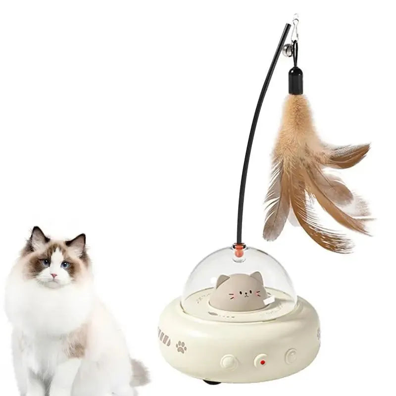 Pink or white rechargeable electric cat toy with feather teaser wand, 360 red light beam, ABS body, 11.5x11x28cm