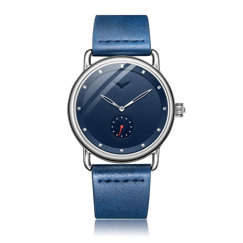 Men's quartz wristwatch 41mm stainless steel case black leather face Hardlex crystal