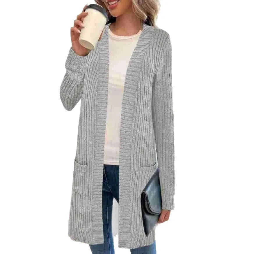 Loose fit grey polyester knitted cardigan jacket with long sleeves and patch pockets