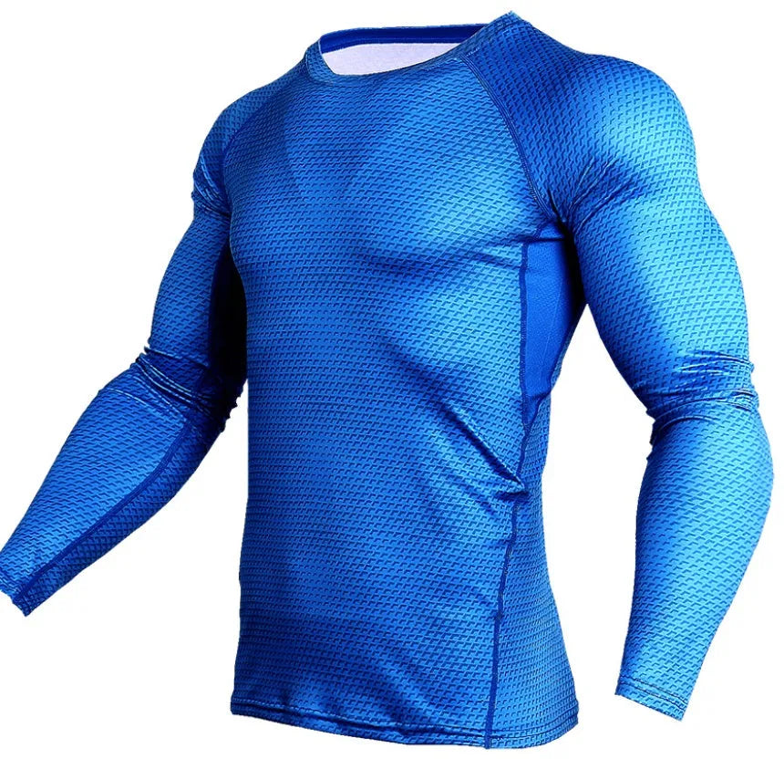 Men's compression running shirt in blue with O-neck and long sleeves for gym training