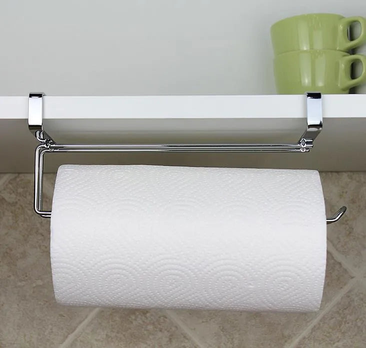 Silver stainless steel kitchen towel rack mounted on cabinet door for paper and towel storage