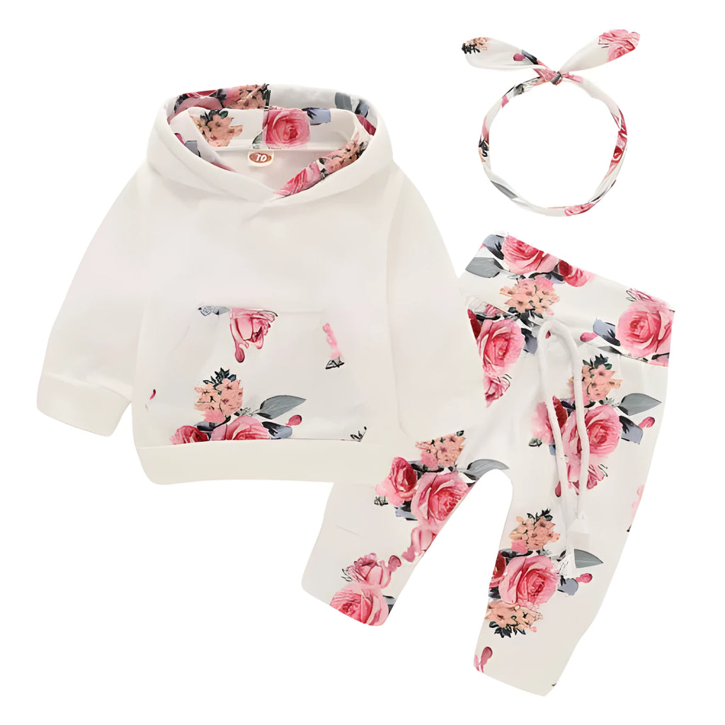 White children's hooded cotton printing pants suit with long sleeves for baby girls 0-1 years