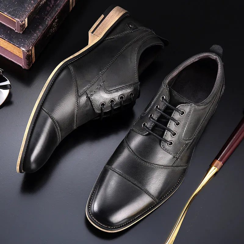 Men's leather lace-up casual shoes with cowhide upper and rubber sole in brown